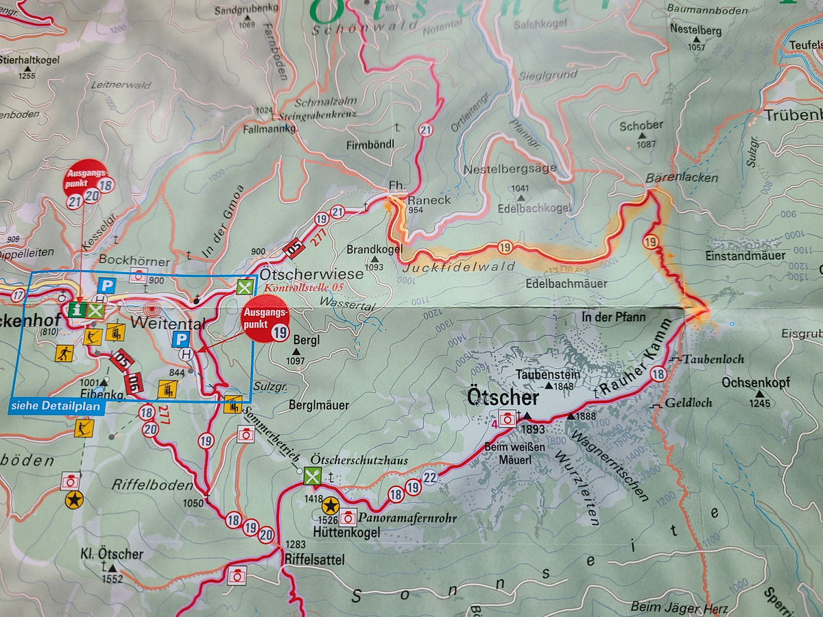 Ötscherkarte mit Wanderwegen, Ausganspunkten 18, 19, 20, 21 und Ötscherwiese.